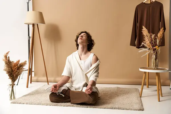 A young man with curly hair sits cross-legged, embracing tranquility in a chic studio. — Stock Photo