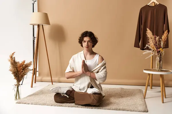 Un giovane elegante con riccioli si siede tranquillamente in uno studio, in mostra un look estivo moderno. — Foto stock