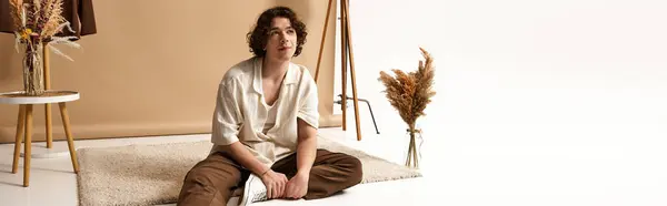 A handsome young man with curly hair relaxes in a trendy summer outfit in a studio, banner — Stock Photo