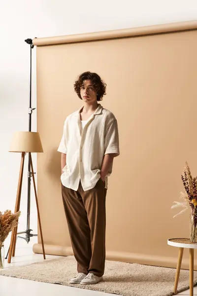 Un joven guapo con el pelo rizado posa con confianza en un traje de verano con estilo. - foto de stock