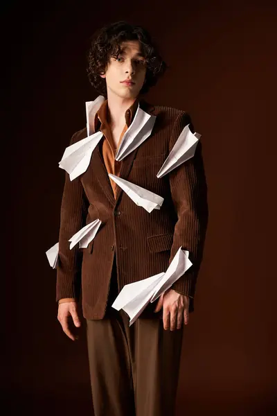 In a creative studio setting, a fashionable young man stands confidently, adorned with paper planes. — Stock Photo