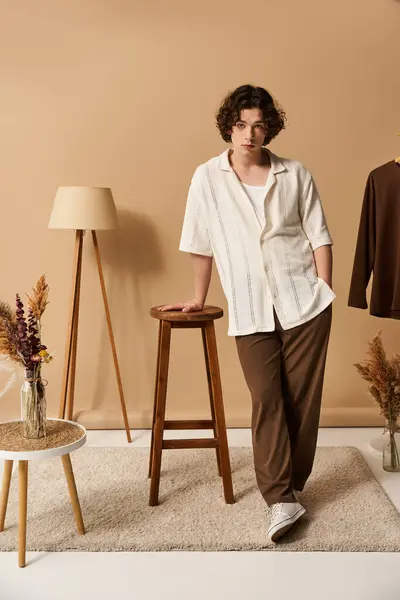 A good-looking young man with curly hair models a fashionable summer outfit in a bright studio. — Stock Photo