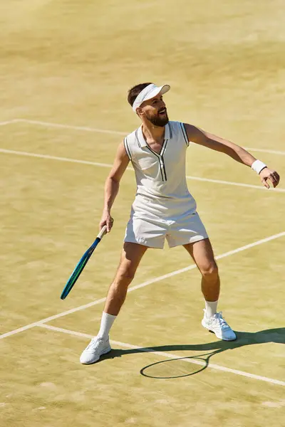 A skilled player in white shows his talent on a bright summer tennis court. — Stock Photo