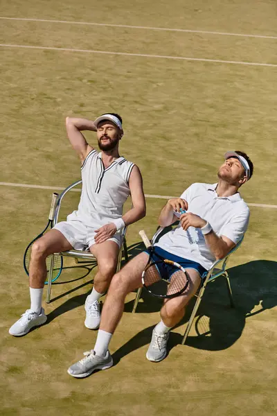 Two men relax in chairs on a tennis court, soaking up the sun after a fun match in summer. — Stock Photo