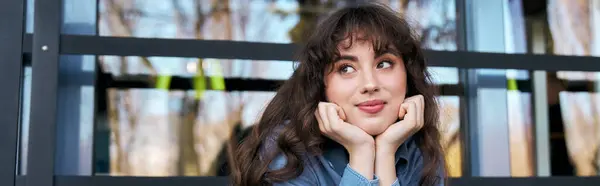 Woman experiencing moments of joy during her day while sitting in cafe terrace, banner — Stock Photo