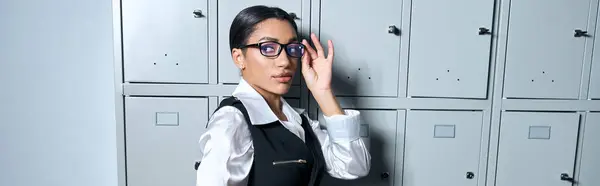 Confident young woman in fashionable attire adjusts her glasses, standing near sleek lockers. — Stock Photo