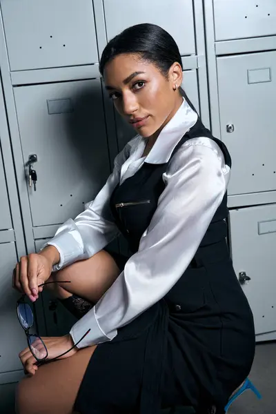 Young woman exudes confidence in fashionable attire while posing gracefully near lockers. — Stock Photo