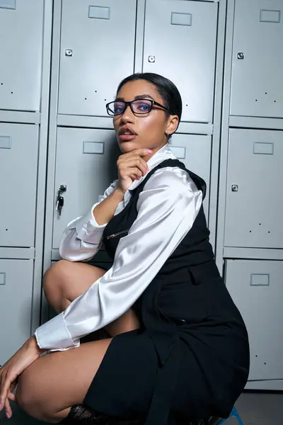 Jeune femme met en valeur son sens de la mode tout en posant gracieusement par des casiers, rayonnant d'élégance. — Photo de stock