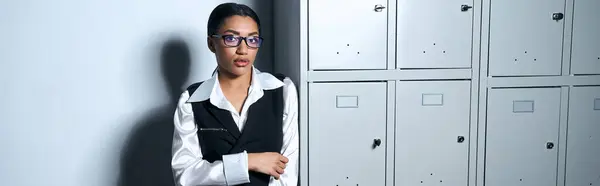 Stylish young woman in chic attire poses beside sleek lockers, showcasing contemporary fashion. — Stock Photo