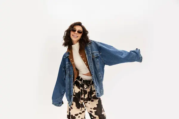Young woman poses confidently in studio, flaunting stylish cow print pants and oversized jacket. — Stock Photo