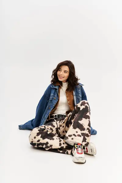 A young woman poses confidently in a stylish outfit featuring cow print pants and a denim jacket. — Stock Photo