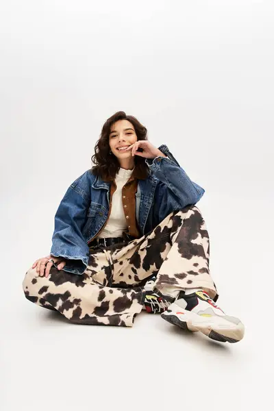 A young happy woman in trendy cow print pants smiles while sitting comfortably in a studio setting. — Stock Photo