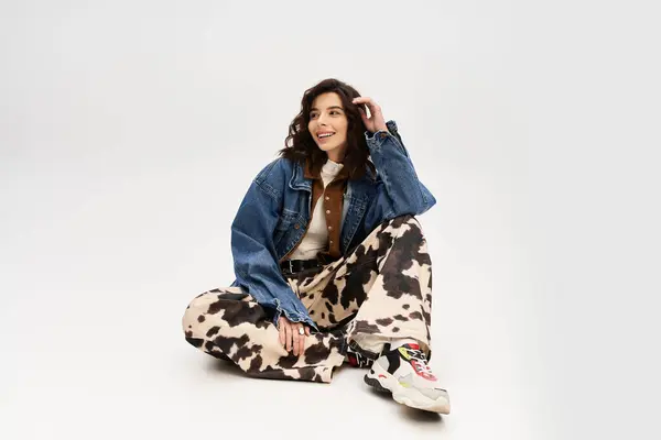 A stylish young woman sits casually in a trendy cow print ensemble against a grey backdrop. — Stock Photo