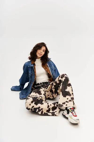 A stylish woman confidently poses in cow print pants, exuding fashion in a studio. — Stock Photo