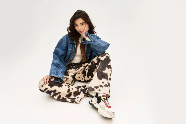 Young woman showcases a fashionable outfit featuring cow print pants against a grey background. — Stock Photo
