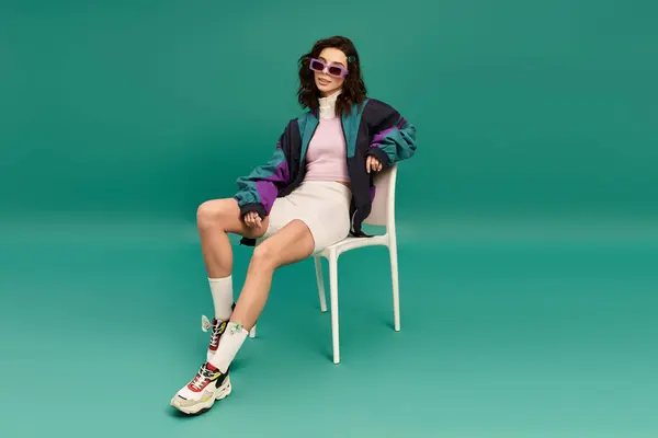 Young woman showcases fashion-forward sporty style on a vibrant turquoise background indoors. — Stock Photo