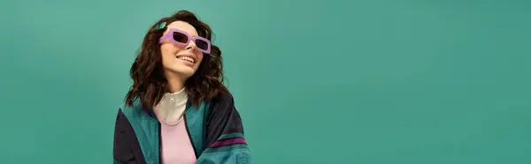 Trendy young woman poses playfully in sporty attire, showcasing her unique fashion sense, banner — Stock Photo
