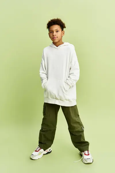 Adorable little boy poses confidently in trendy attire against fresh green backdrop, exuding charm. — Stock Photo