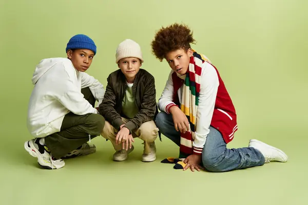 Tres niños pequeños muestran un atuendo elegante mientras disfrutan del tiempo juntos en un ambiente divertido. - foto de stock