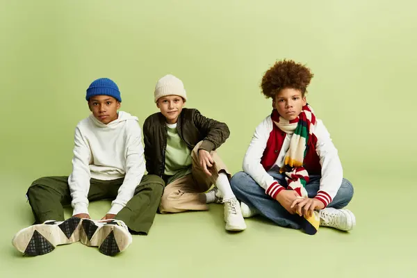 Drei entzückende Jungs in lebendigen Styles genießen ihre Freundschaft vor hellem Hintergrund. — Stockfoto