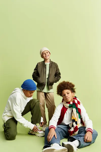 Three young boys display their stylish attire and joyful camaraderie in a bright setting. — Stock Photo
