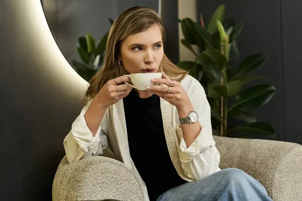 Relaxation and beauty converge as a woman enjoys tea in a chic salon setting filled with greenery. — Stock Photo