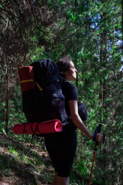 Sırt çantalı bir kadın ormanda dağlarda yürüyor.