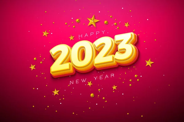 Gelukkig Nieuwjaar 2023 Illustratie Met Aantal Gouden Ster Rode Achtergrond — Stockvector