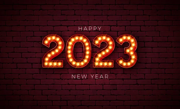 Gelukkig Nieuwjaar 2023 Illustratie Met Gloeiende Gloeilamp Nummer Bakstenen Muur — Stockvector