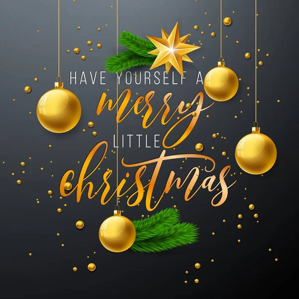 stock vector Merry Christmas and Happy New Year Illustration with Gold Glass Ball, Star and Typography Elements on Dark Background. Vector Holiday Season Design for Greeting Card, Party Invitation or Promo Banner