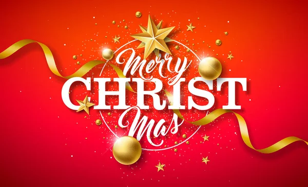 メリークリスマスと赤の背景にゴールドガラスボール スターとタイポグラフィの要素と幸せな新年のイラスト グリーティングカード パーティー招待状 プロモーションのベクトルホリデーシーズンデザイン バナー — ストックベクタ