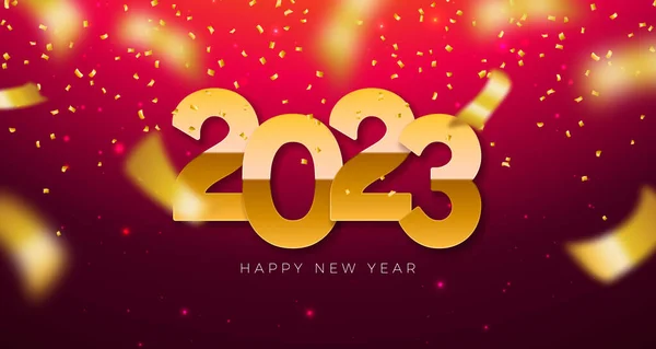 Feliz Año Nuevo 2023 Ilustración Con Número Oro Confeti Cayendo — Archivo Imágenes Vectoriales