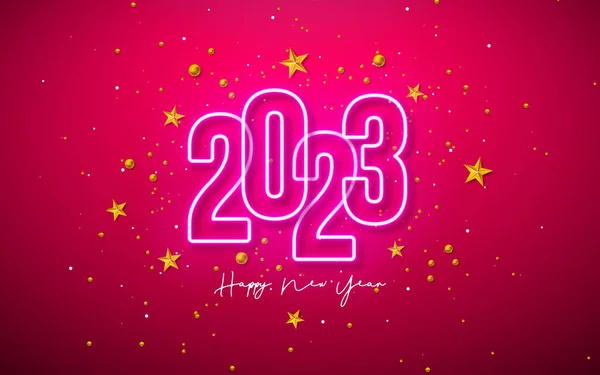 2023年新年快乐图片说明 明亮的霓虹灯号和红色背景下的金星 适用于传单 庆祝海报 派对的病媒圣诞假期设计 — 图库矢量图片