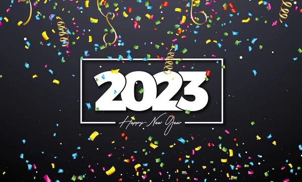 Happy New Year 2023 Illustration Number Falling Confetti Dark Background — Stock Vector