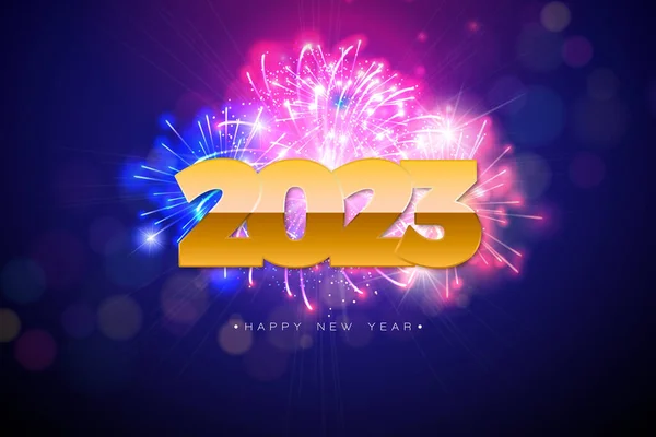 Happy New Year 2023 Illustration Gold Number Shiny Fireworks Background — Stock Vector