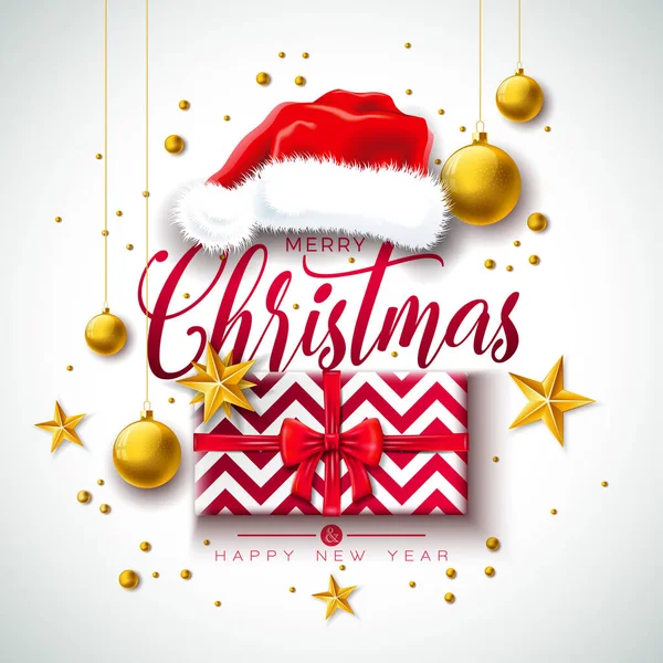 Joyeux Noël Illustration Avec Boîte Cadeau Santa Hat Boule Verre — Image vectorielle