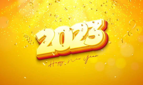 Новым 2023 Годом Number Падающие Золотые Конфетти Желтом Фоне Векторный — стоковый вектор