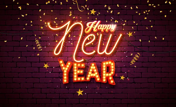 Gelukkig Nieuwjaar 2023 Illustratie Met Gloeiende Neon Gloeilamp Lettering Bakstenen — Stockvector