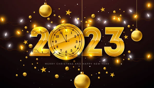 照明ガーランドの背景に金数 時計と装飾ガラスボールと幸せな新年2023イラスト フライヤー グリーティングカード バナー お祝いのためのベクトルクリスマスホリデーシーズンデザイン — ストックベクタ