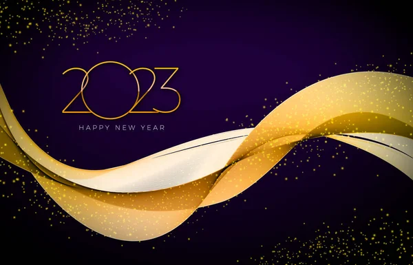 暗い背景に黄金の数字と光沢のあるゴールド波のデザイン要素と幸せな新年2023イラスト フライヤー グリーティングカード バナー お祝いポスターのベクトルクリスマスホリデーシーズンデザイン — ストックベクタ