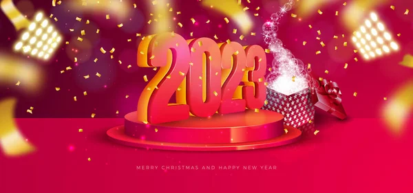 Happy New Year 2023 Illustration Number Podium Falling Confetti Red — Stock Vector