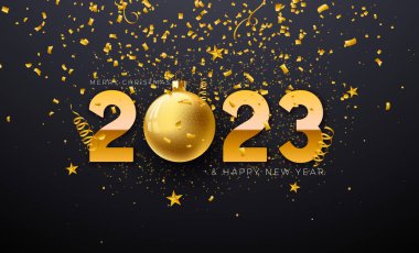 Altın Süslü Balo ve Siyah Arkaplanda Düşen Konfeti ile Yeni Yıl 2023 İllüstrasyonunuz kutlu olsun. İlan, Kutlama Kartı, Sancak, Kutlama Posteri ve Parti İçin Vektör Noel Tatil Sezonu Tasarımı
