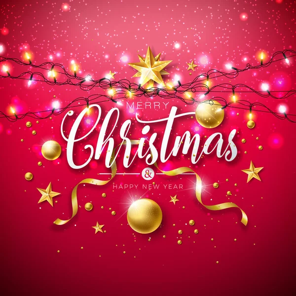 Веселого Рождества Нового Года Золотым Стеклянным Шаром Звездой Световой Гирляндой — стоковый вектор