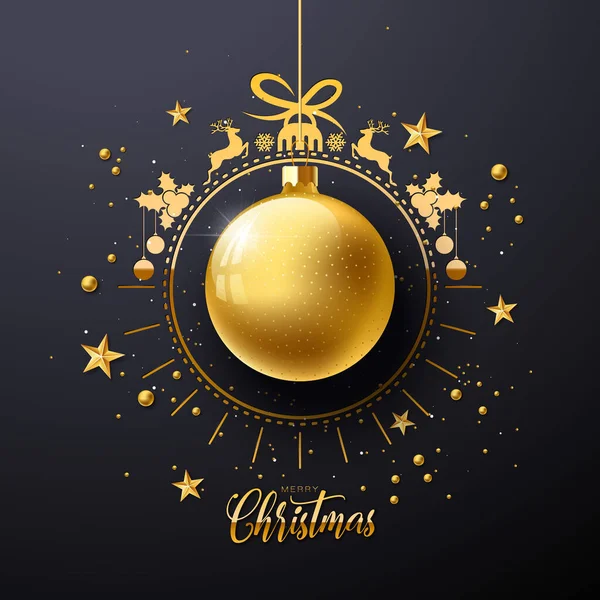 Καλά Χριστούγεννα Και Καλή Πρωτοχρονιά Εικονογράφηση Χρυσό Γυάλινη Μπάλα Αστέρι — Διανυσματικό Αρχείο