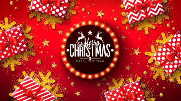 メリークリスマスと幸せな新年のイラストとともにタイポグラフィの手紙ライトサインボード ギフトボックスと赤の背景に松の枝に グリーティングカード パーティー招待状 またはベクトルホリデーデザイン — ストックベクタ