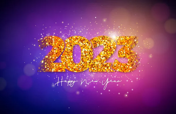 Happy New Year 2023 Illustration Gold Number Falling Confetti Shiny — Stock Vector