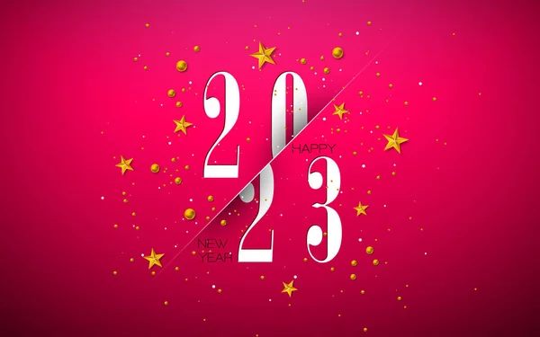 Happy New Year 2023 Illustration Number Gold Stari Red Background — 스톡 벡터