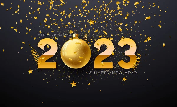Новым 2023 Годом Золотой Орнаментальный Мяч Падающие Конфетти Черном Фоне — стоковый вектор