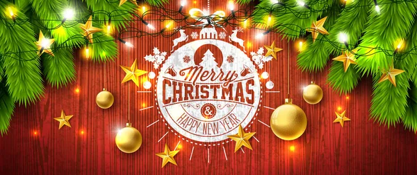 Веселого Рождества Нового Года Золотым Стеклянным Шаром Звездой Сосновой Ветвью — стоковый вектор