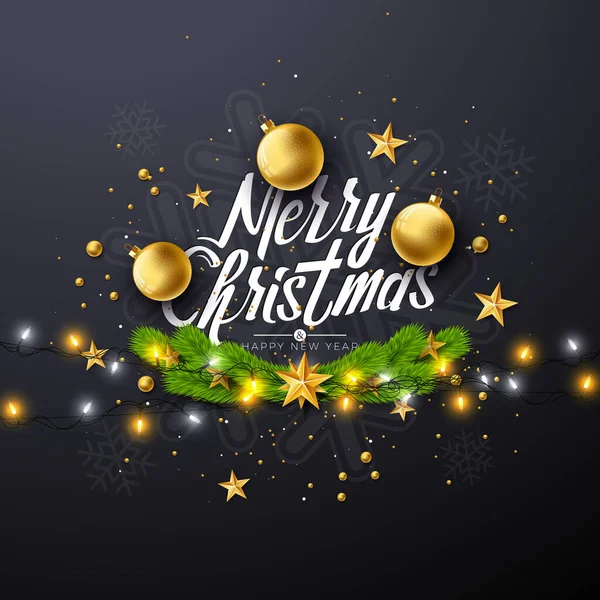 圣诞快乐 新年快乐 黑色背景的金色玻璃球 星光花环 派对邀请函或宣传单的病媒假期设计 — 图库矢量图片